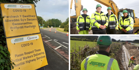 left traffic sign right jones bros roadworkers widening footpath